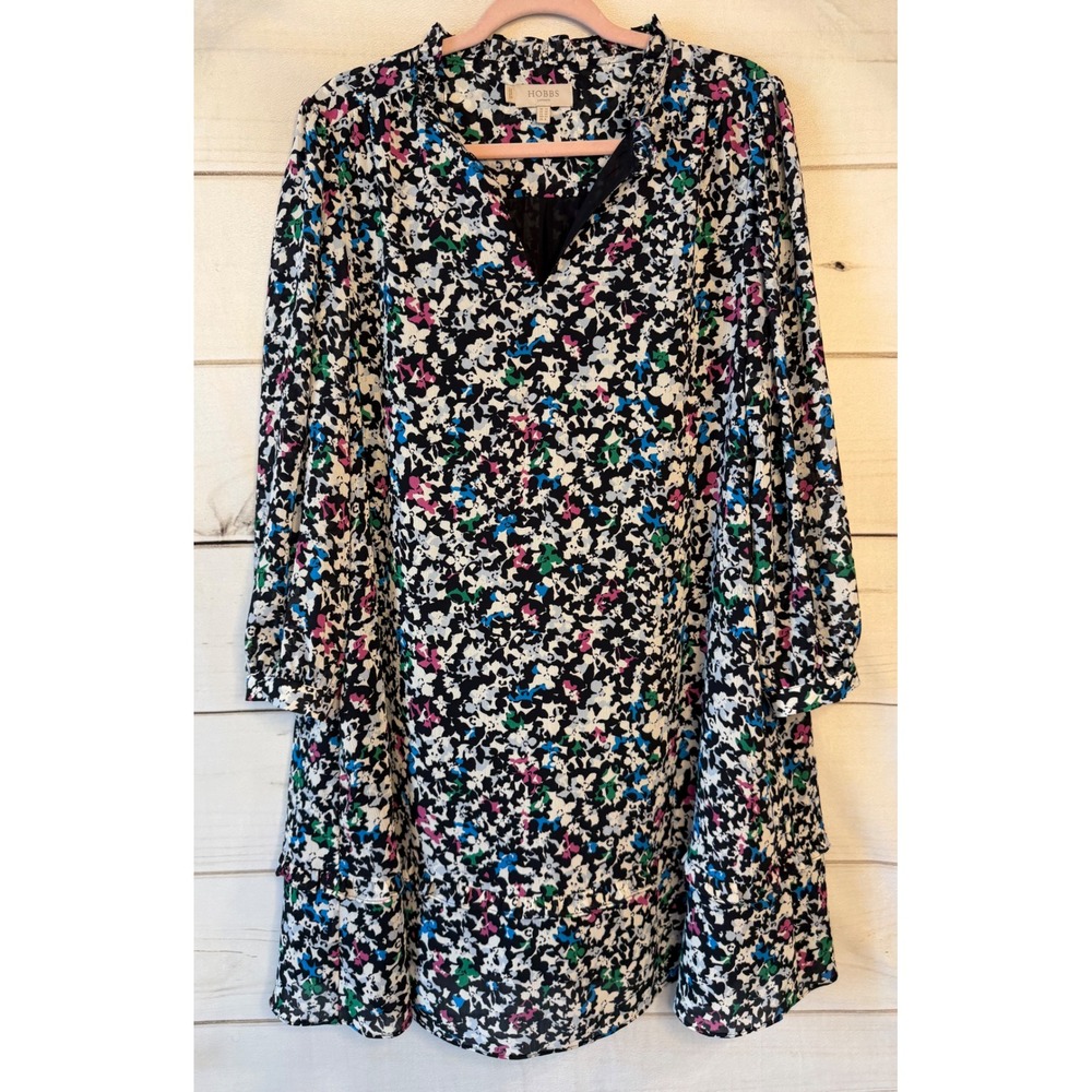 Hobbs London Floral Shift Dress Multi-Color Ruffle Neck Long Sleeve US 8 UK 12